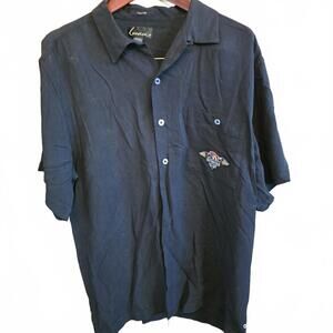 Black Short Sleeve Casual 100% Silk Shirt with Embroidered Patch Size L